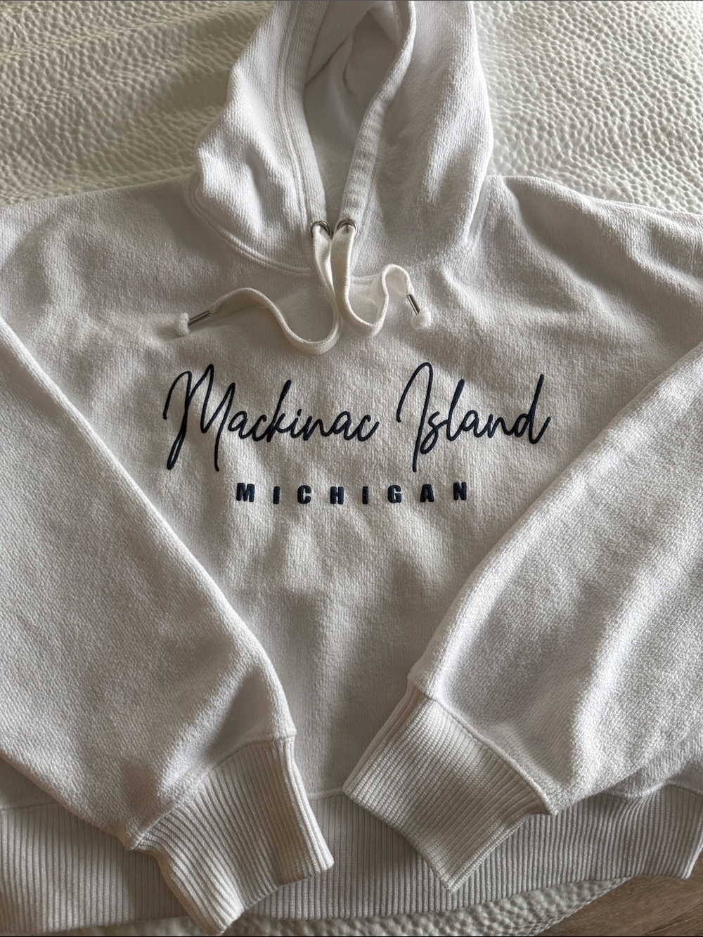 Mackinac Island Script White Crewneck Hoodie